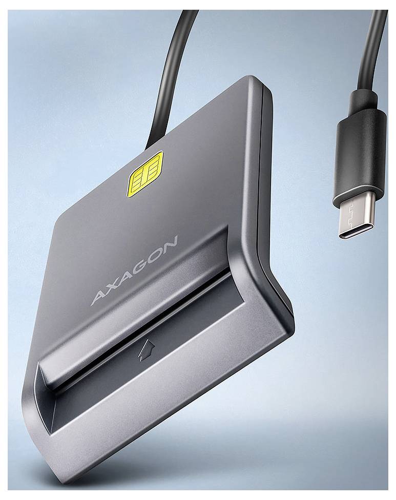 A gray card reader labeled 'Axagon' with a USB-C connector and a slot for a SIM card, placed against a blue background.