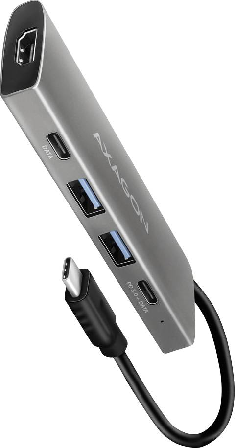 A compact USB-C hub with multiple ports, including HDMI, USB-A, and USB-C, showing the brand name 'AXAGON' on its metallic casing.