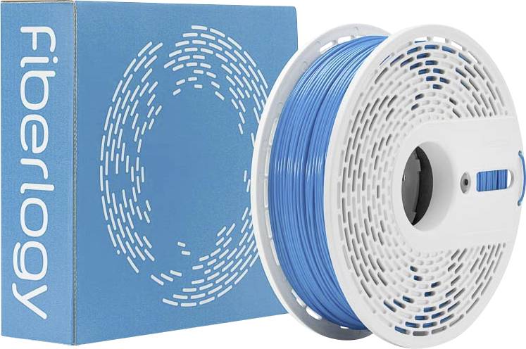 A spool of blue 3D printing filament next to its branded box labeled 'Fiberlogy'. The design on the box resembles abstract circles.