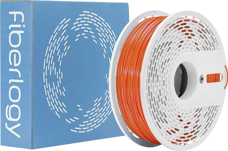 Orange 3D printer filament spool next to a blue box with 'Fiberlogy' branding, showcasing the filament type and packaging design.