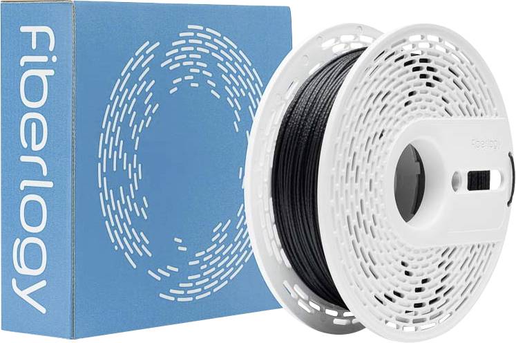 A spool of black 3D printing filament labeled 'Fiberlogy' with its box in the background. The box has a blue design with white patterns.
