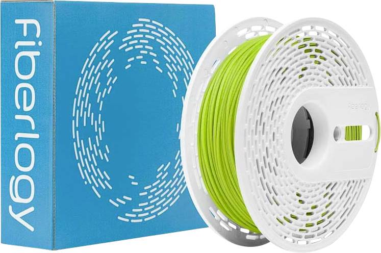 A spool of bright green 3D printer filament labeled 'Fiberology', next to a blue box with white circular design and 'Fiberology' text.