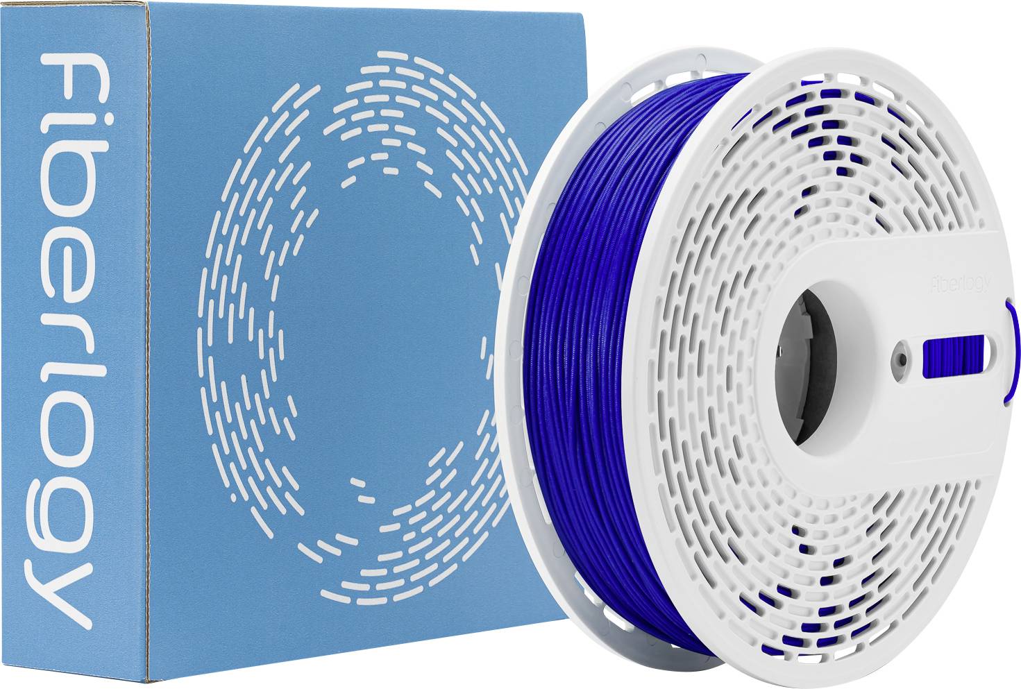 A spool of blue filament next to a blue box labeled 'Fiberlogy', used for 3D printing.