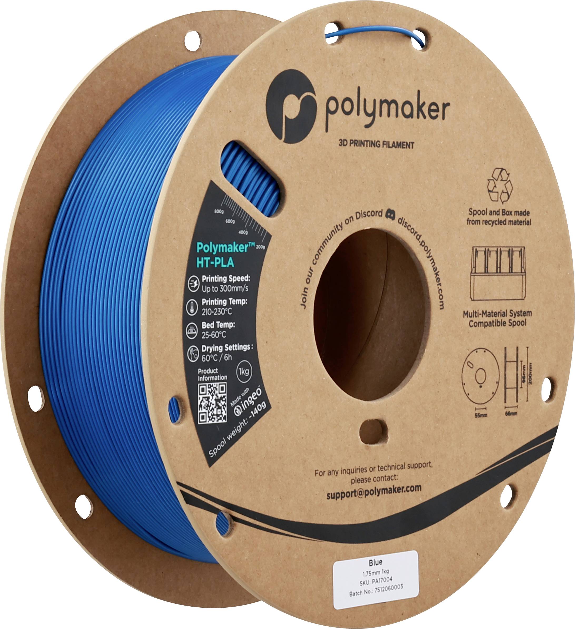 Spool of blue Polymaker HT-PLA 3D printing filament, showing cardboard reel, brand logo, and printing specs like speed and temperature.