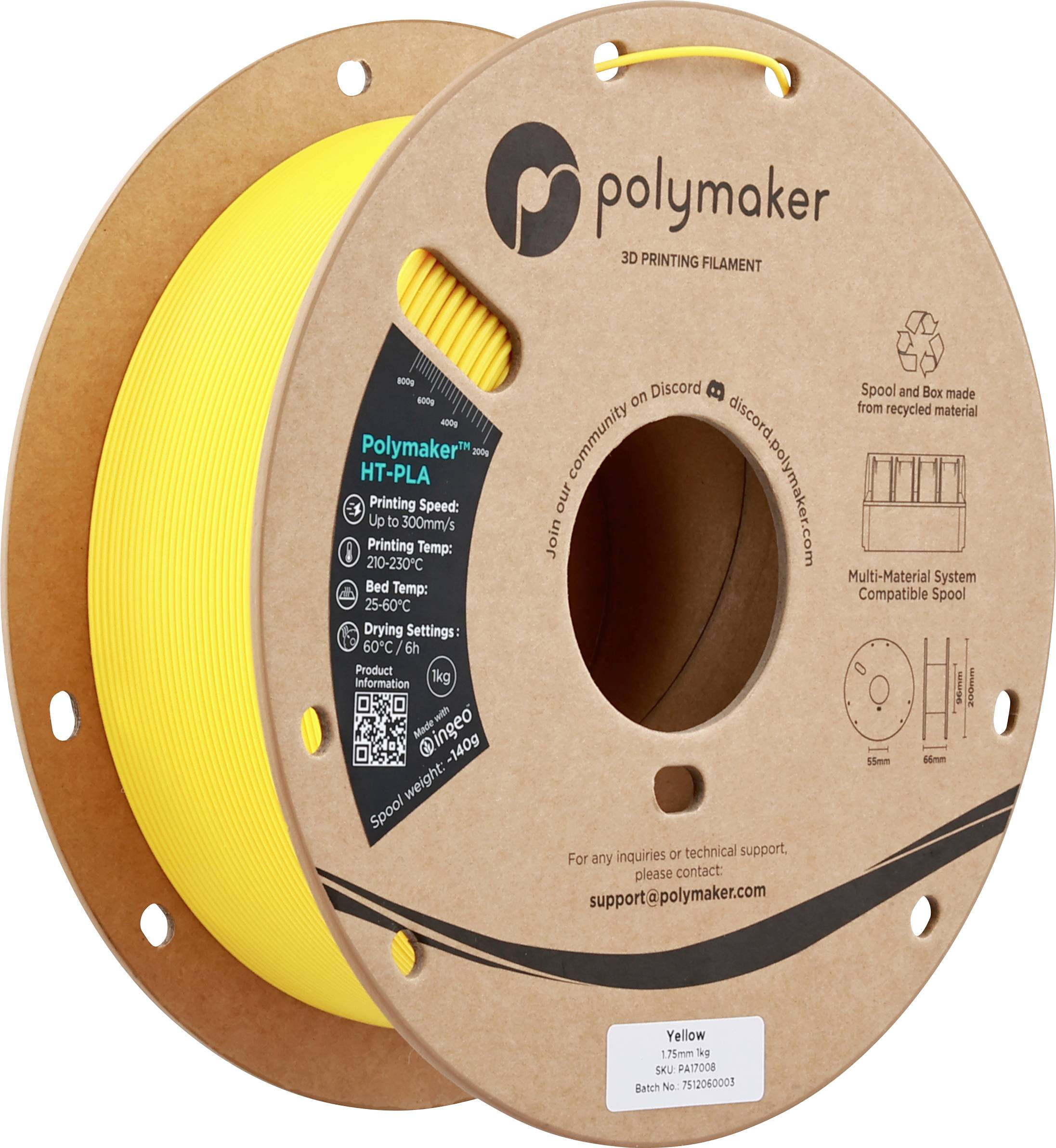 Filament spool labeled 'Polymaker' with yellow 3D printing filament. Features printing guidelines and support contact details.