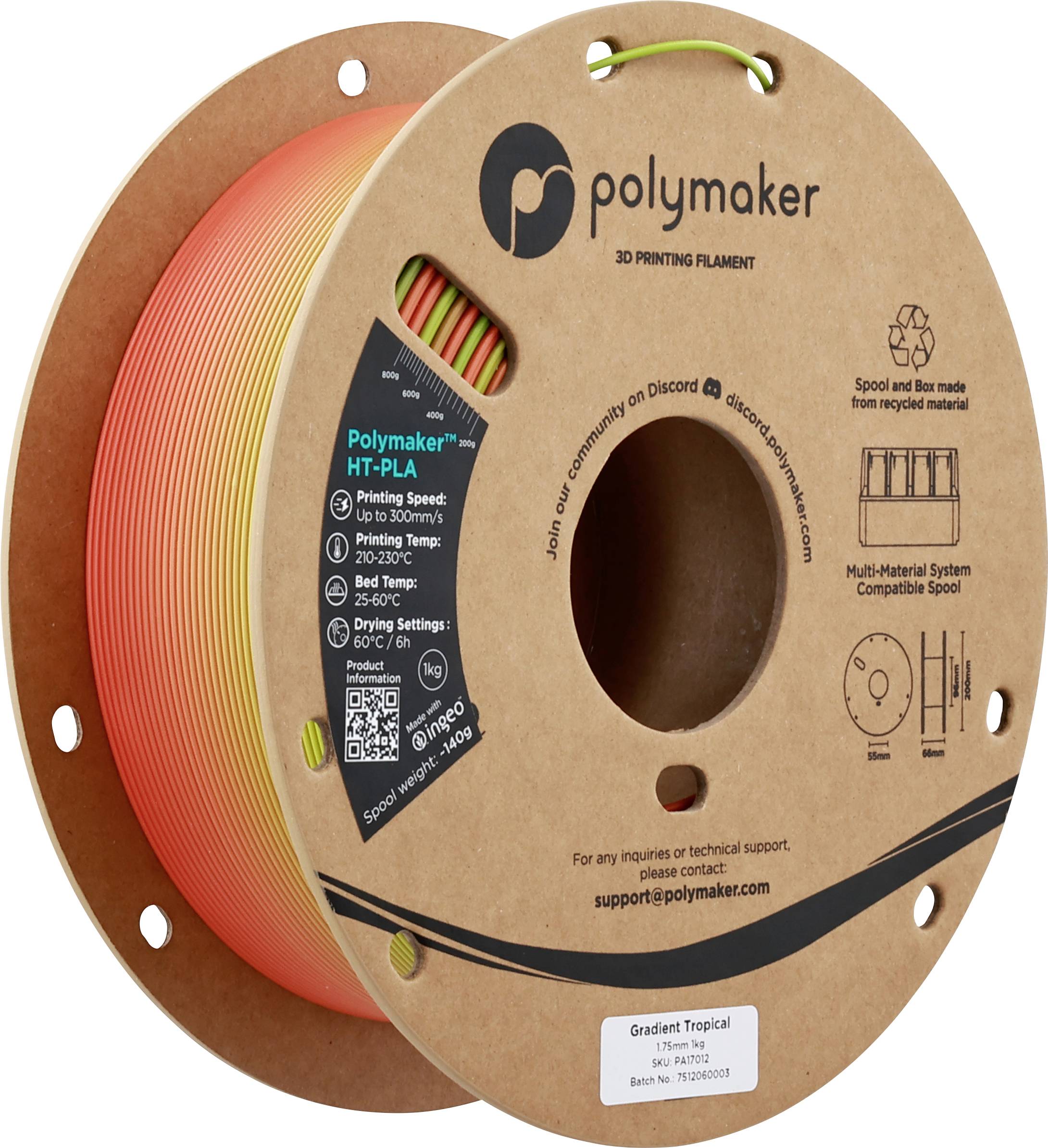 'Polymaker HT-PLA Gradient Tropical' 3D printing filament spool with color transition from yellow to orange. Eco-friendly material label.