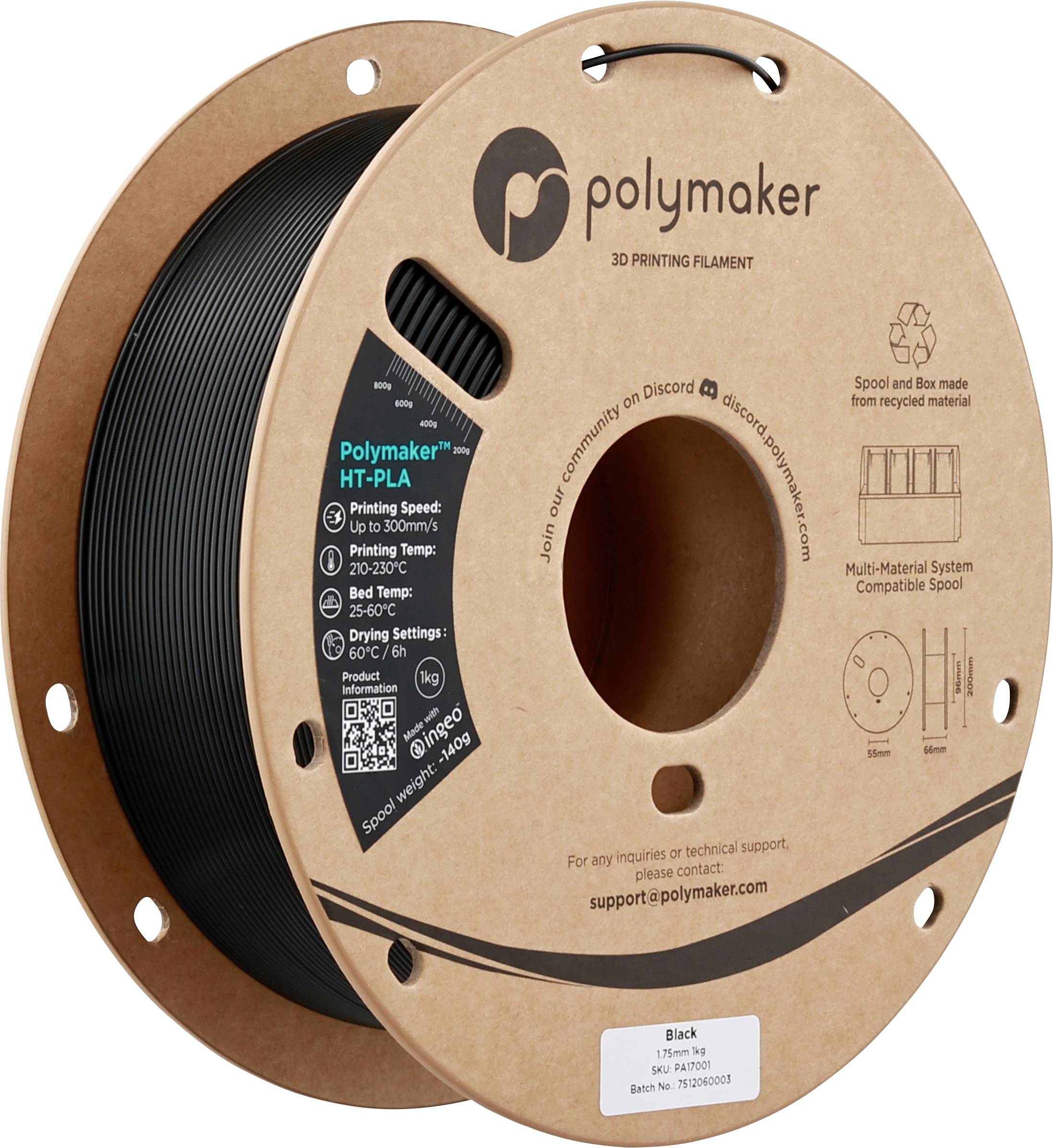 A spool of Polymaker HT-PLA 3D printing filament in black. The label details printing specifications, including speed, temperature, and diameter.
