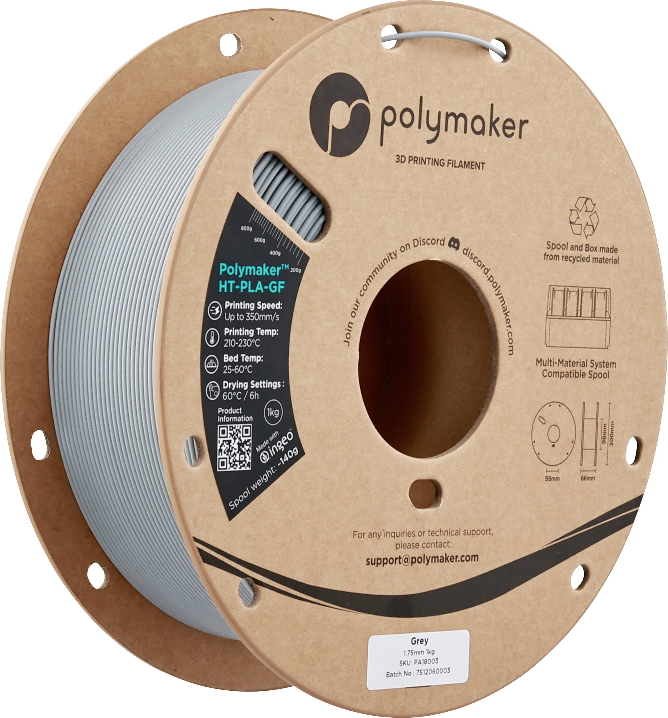 'Polymaker HT-PLA-GF' 3D printing filament spool in grey, made from recycled materials, showing printing specifications and support contact.
