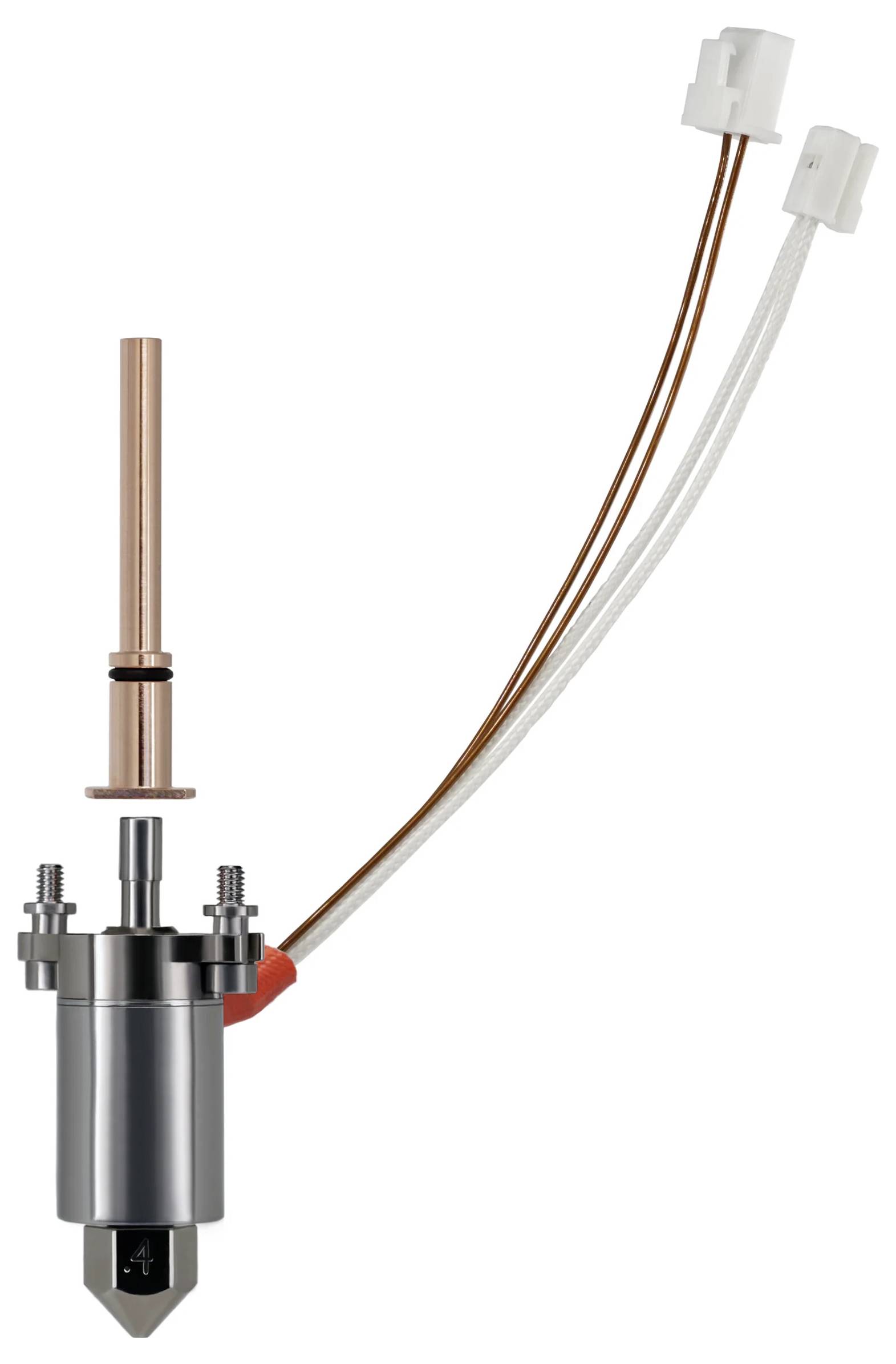 3D printer extruder with copper heat break and two wires attached.