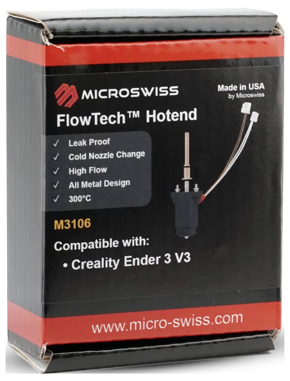 'MicroSwiss FlowTech™ Hotend' box showing an image of the hotend, key features, and compatibility with Creality Ender 3 V3.