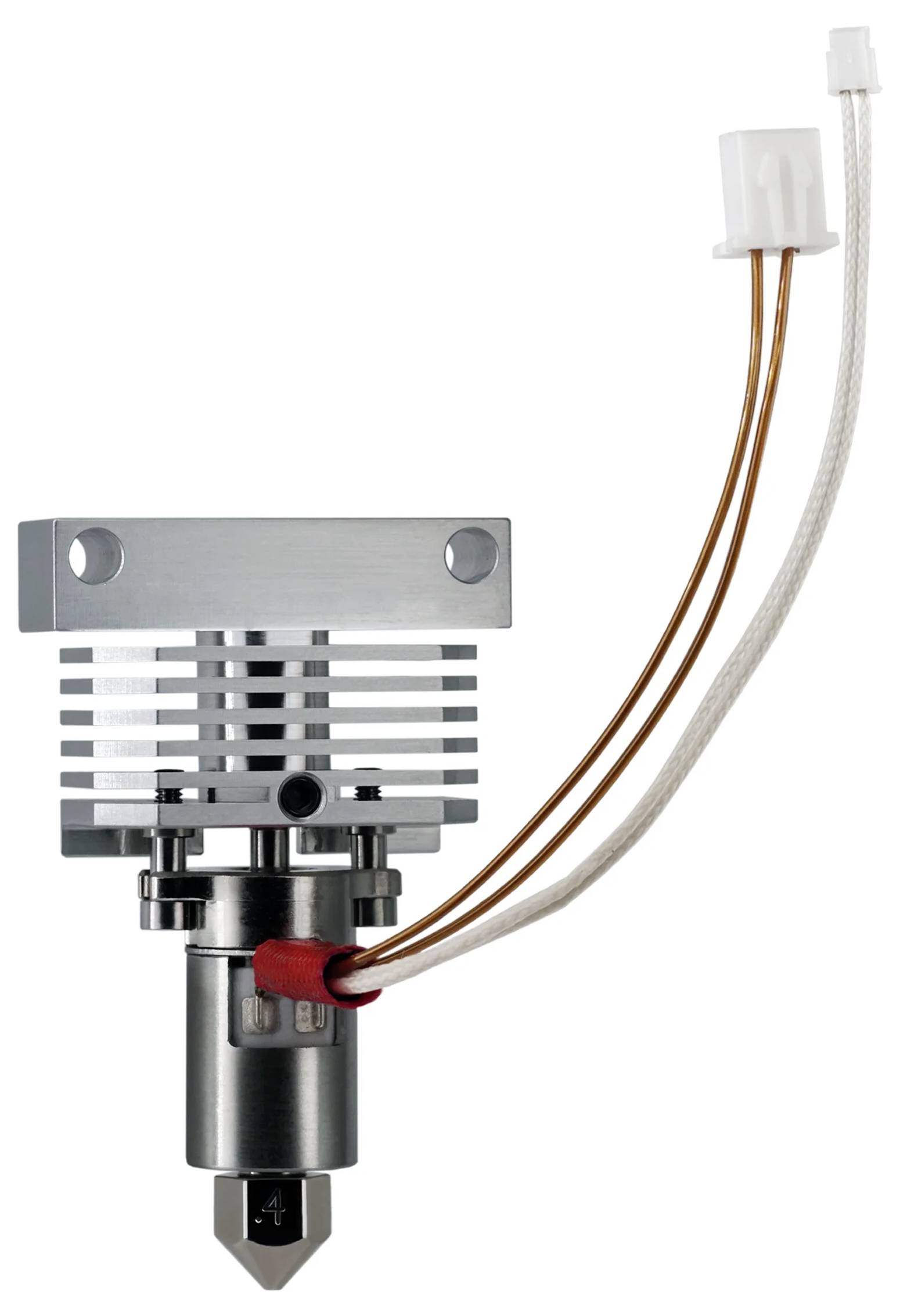 A metal 3D printer nozzle assembly with cooling fins and two wires attached, used in additive manufacturing for precise material extrusion.