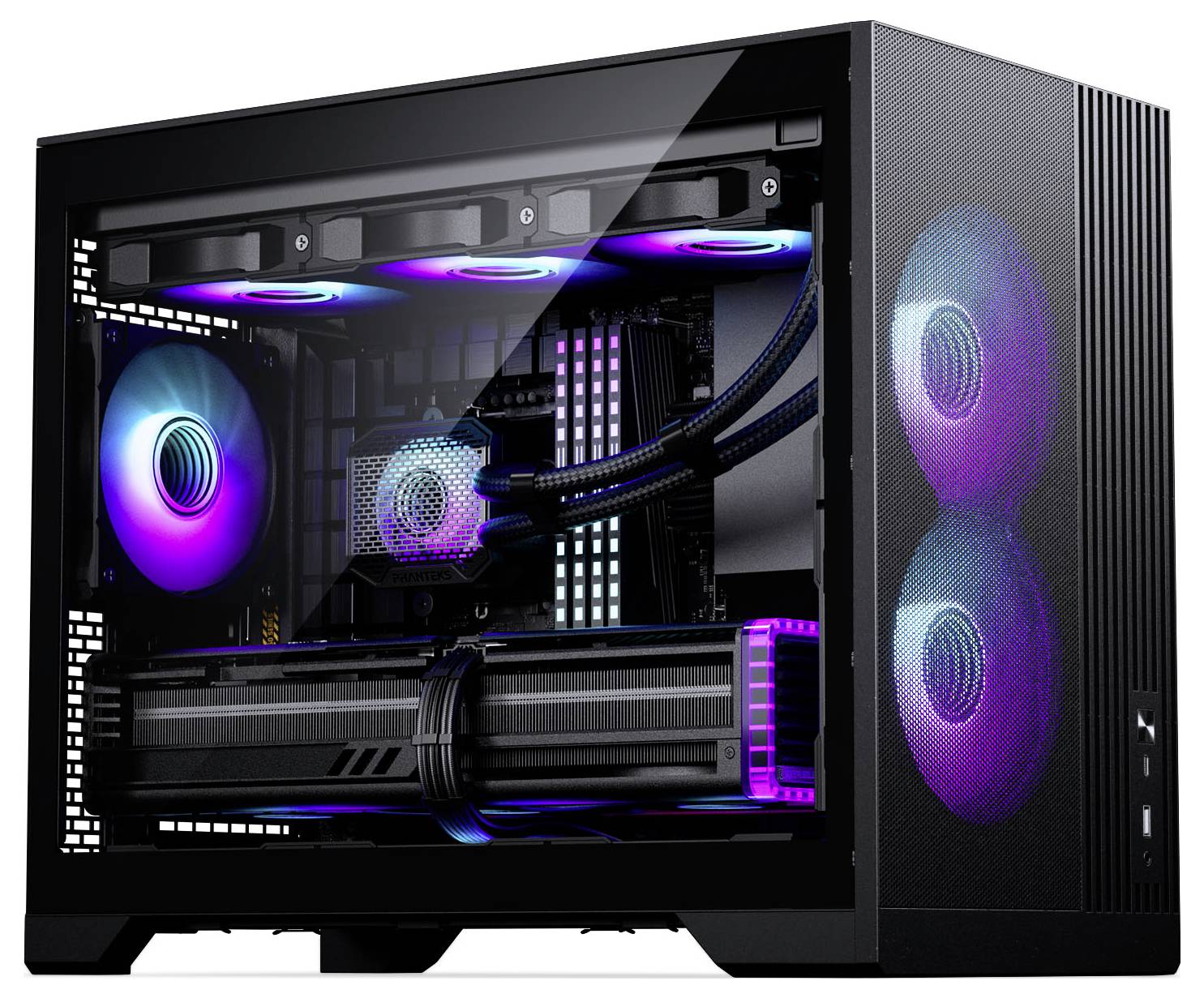 A black gaming computer with transparent side panel, showing colorful LED lights inside. The fans, cooling system, and components are visible.