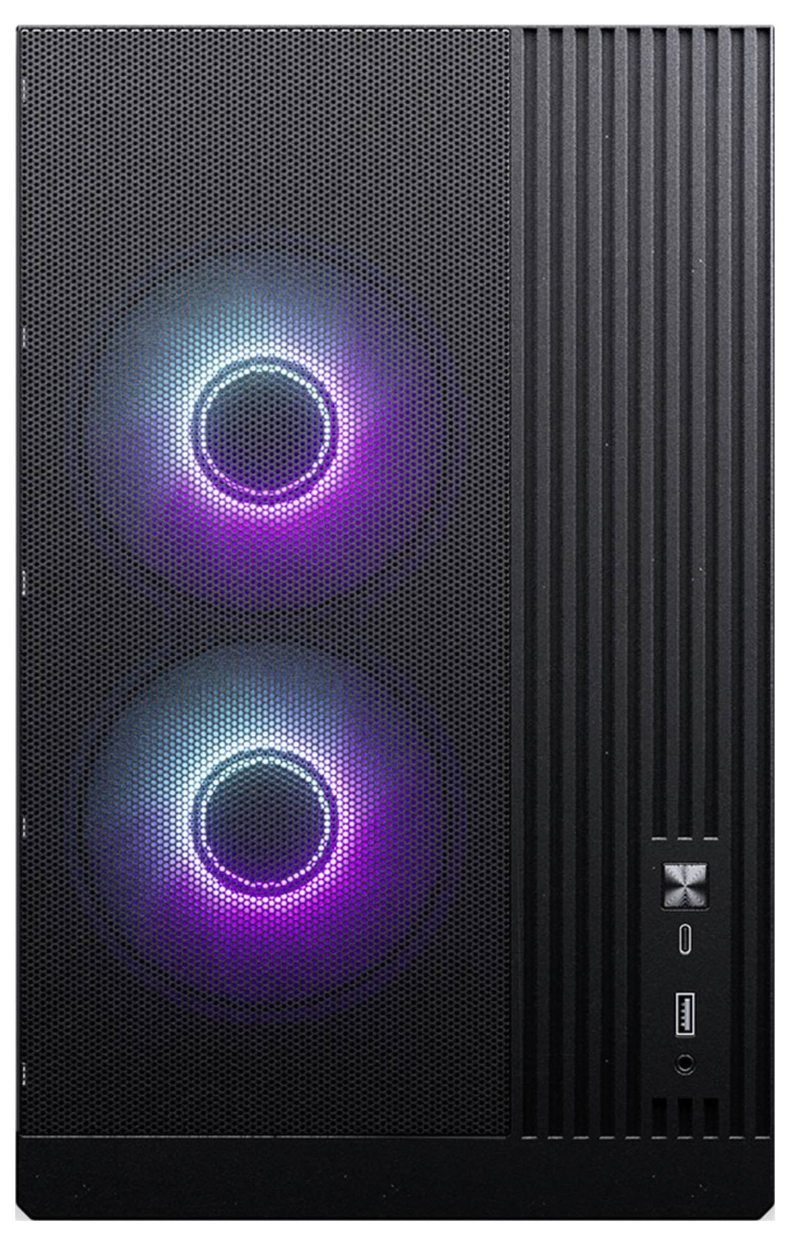 A black computer tower with two large RGB fans on the front displaying colorful lights.