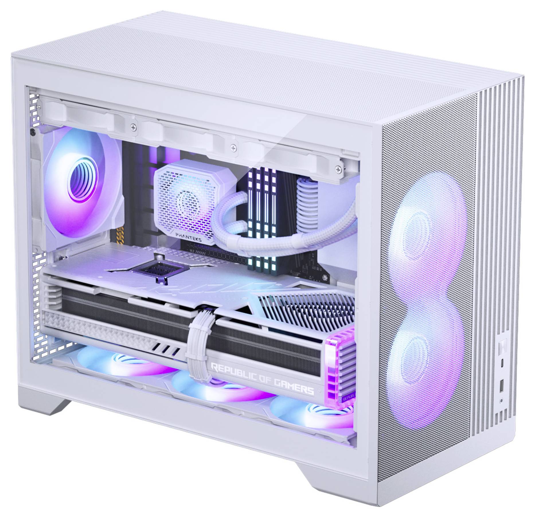 A white gaming desktop PC with RGB lighting, featuring multiple fans, liquid cooling, and a visible graphics card.