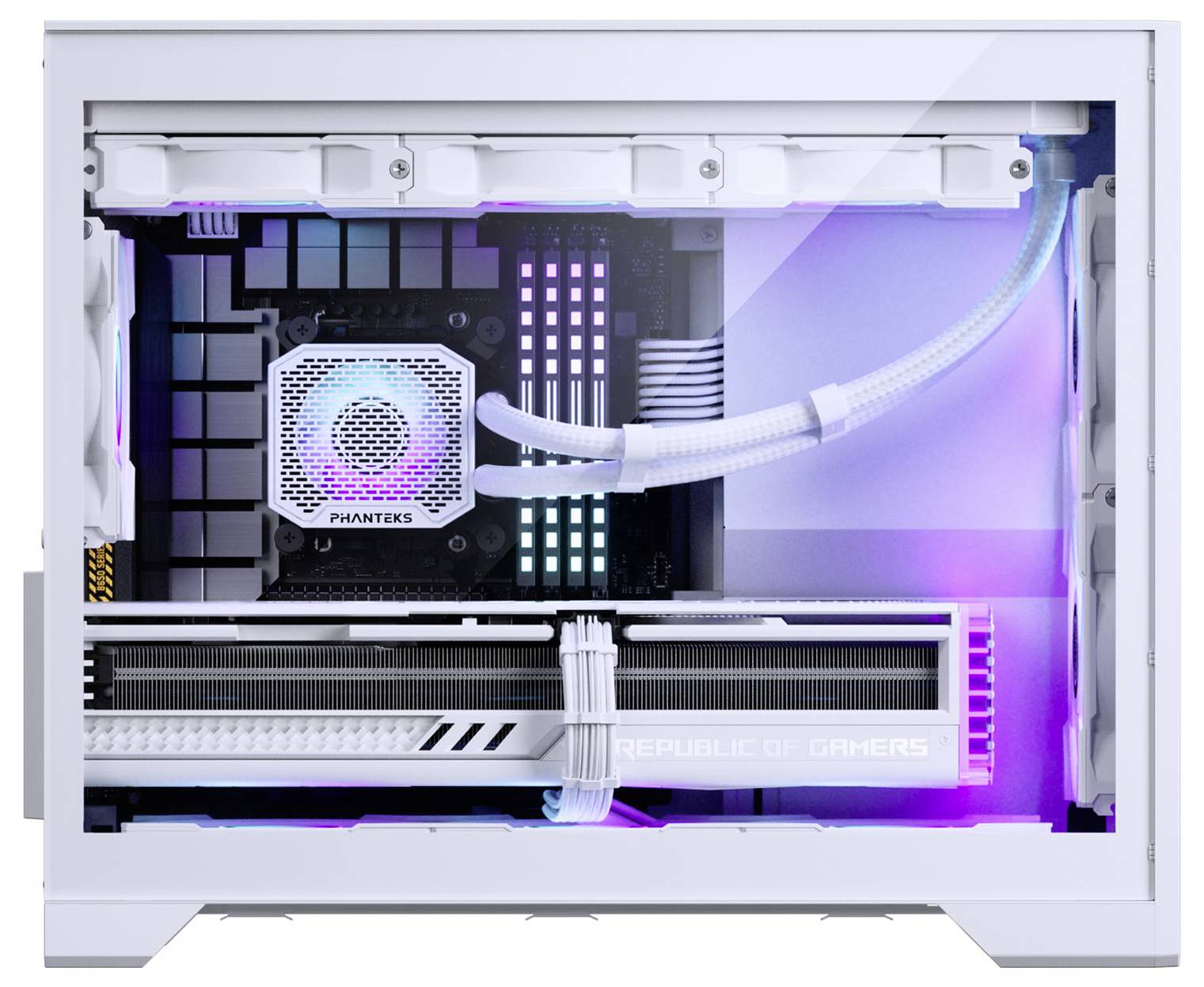 A white desktop computer tower with RGB lighting shows internal components including a motherboard, cooling system, and graphics card.