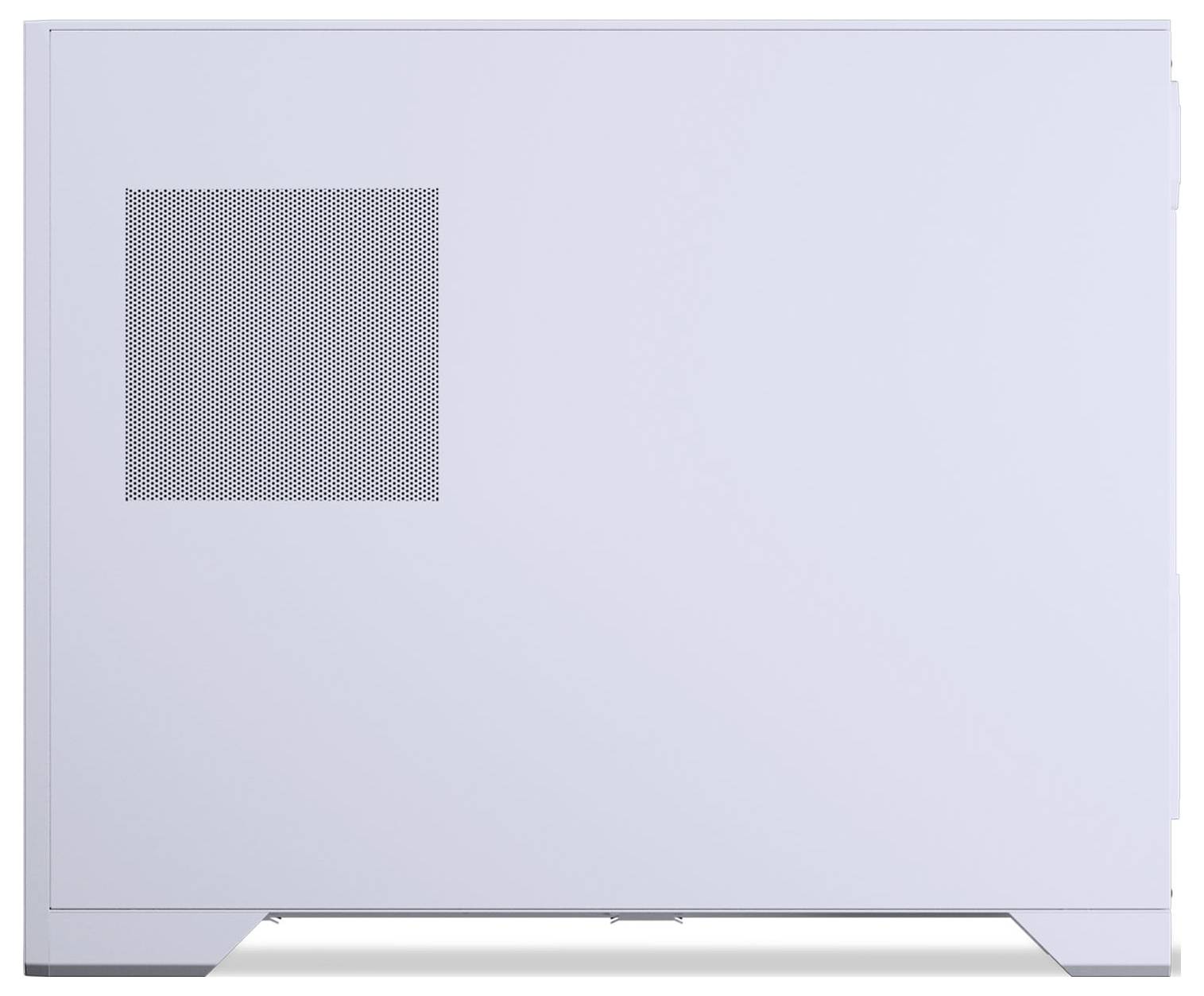 White computer case with a mesh ventilation panel on the side, featuring a minimalist design with no visible branding or features.