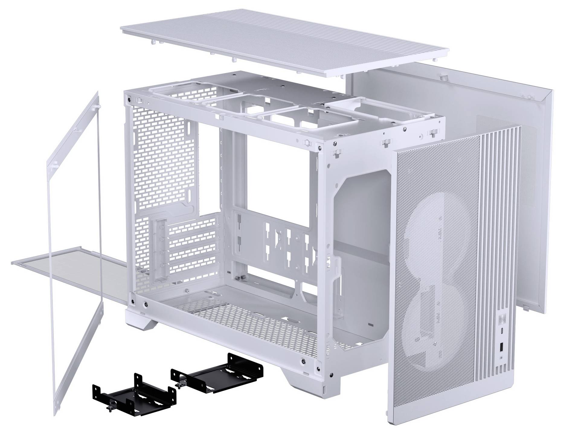 A white computer case is shown in an exploded view, displaying its individual components such as panels, fan grills, and mounting brackets.