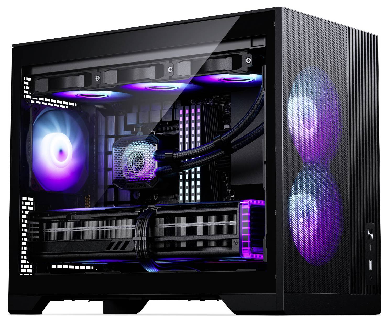 A gaming PC with a transparent side panel showing internal components including fans, graphics card, and liquid cooling, all illuminated with RGB lighting.