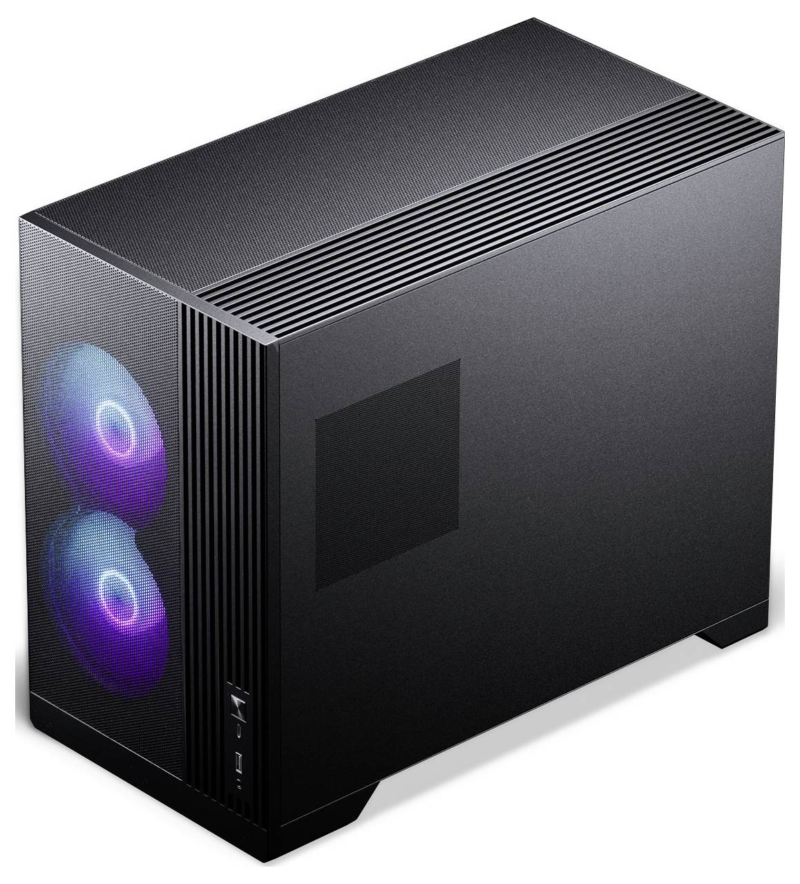 A sleek black desktop computer tower with side vents and two illuminated cooling fans visible inside, emitting a blue and purple glow.
