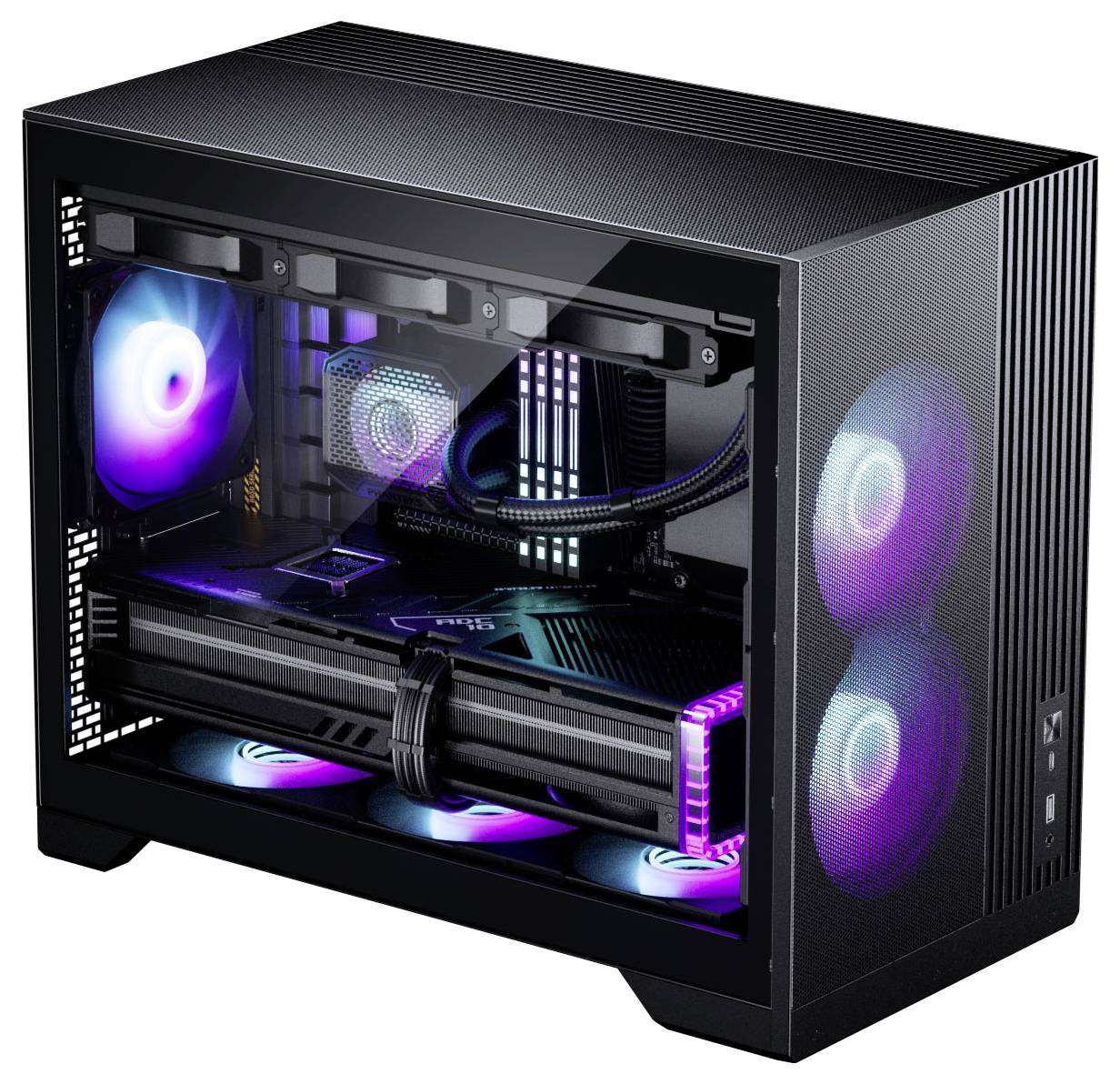 A gaming PC with transparent side panel showcases internal components illuminated by purple LED lighting, including fans and a graphics card.