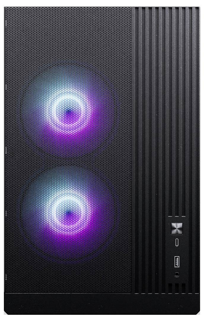 A black computer tower with two illuminated fans showing blue and purple lights on the front.