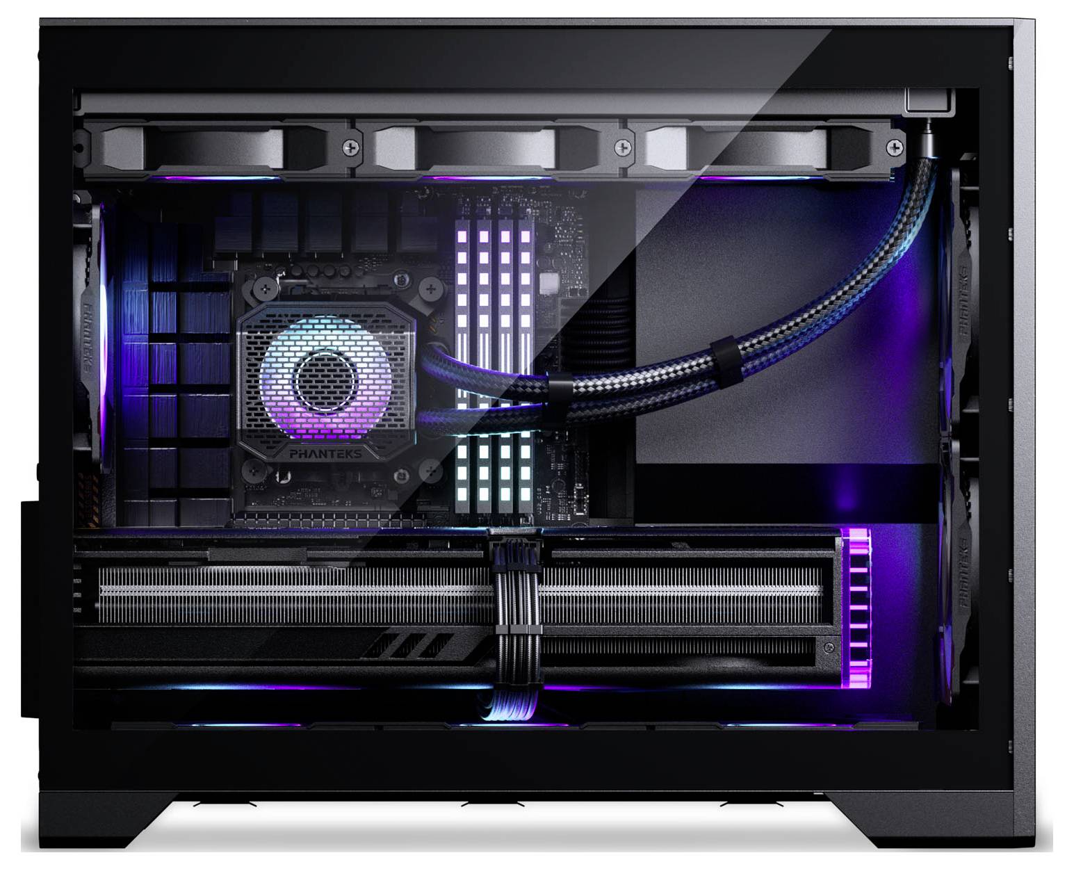 A high-performance gaming PC with RGB lighting inside the case, highlighting its cooling system, graphic card, and other hardware components.