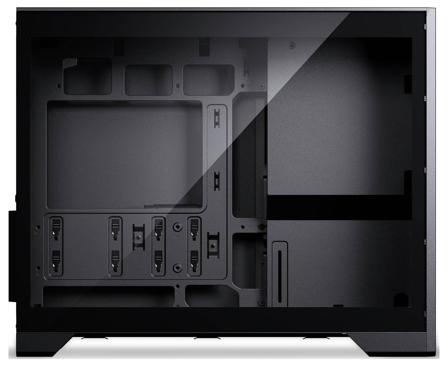 A black, empty computer case viewed from the side, showing multiple slots and compartments for hardware installation, with a transparent panel.
