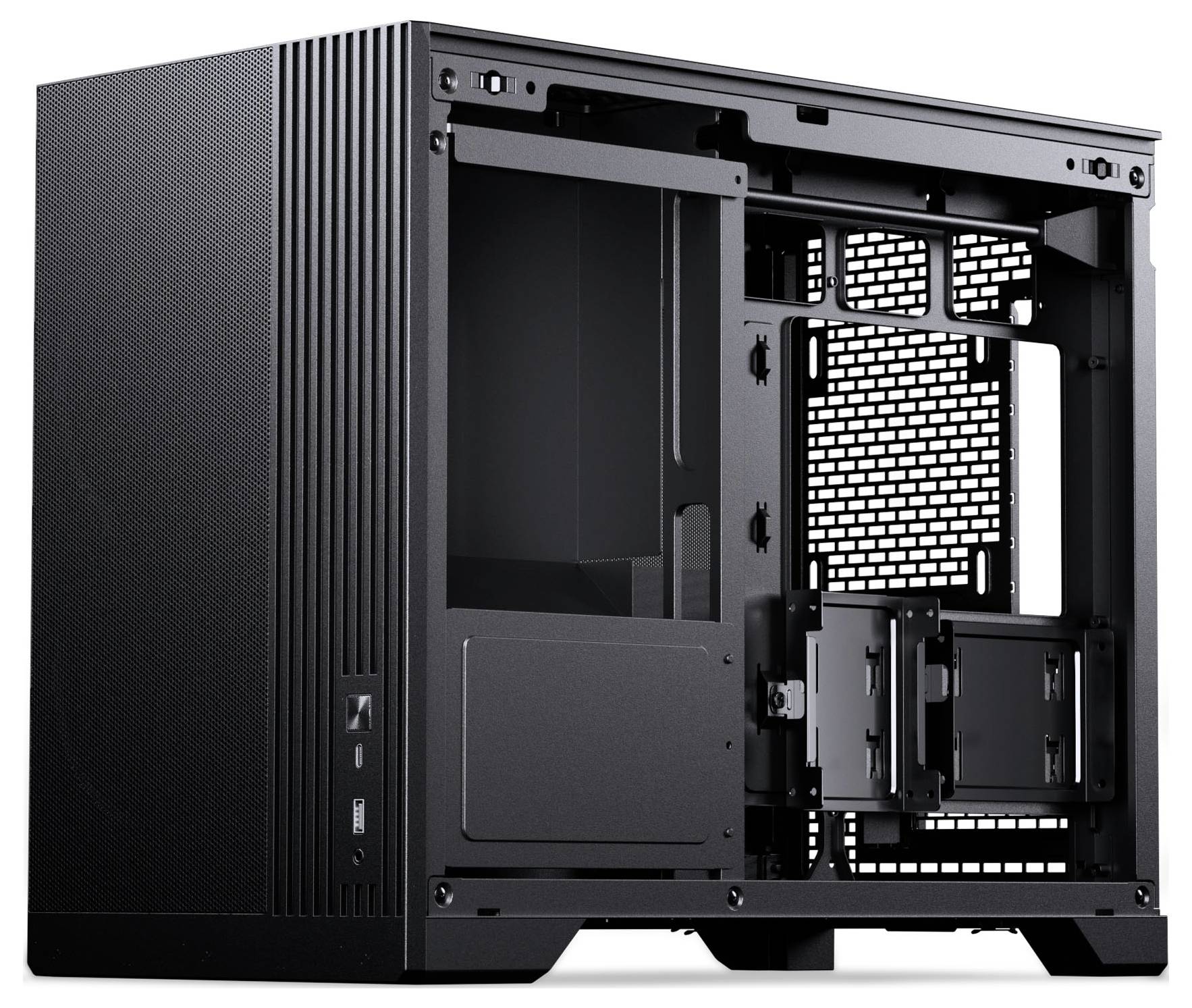 A black, empty computer case with a side panel removed, showcasing interior mounting spaces and a mesh back for ventilation.