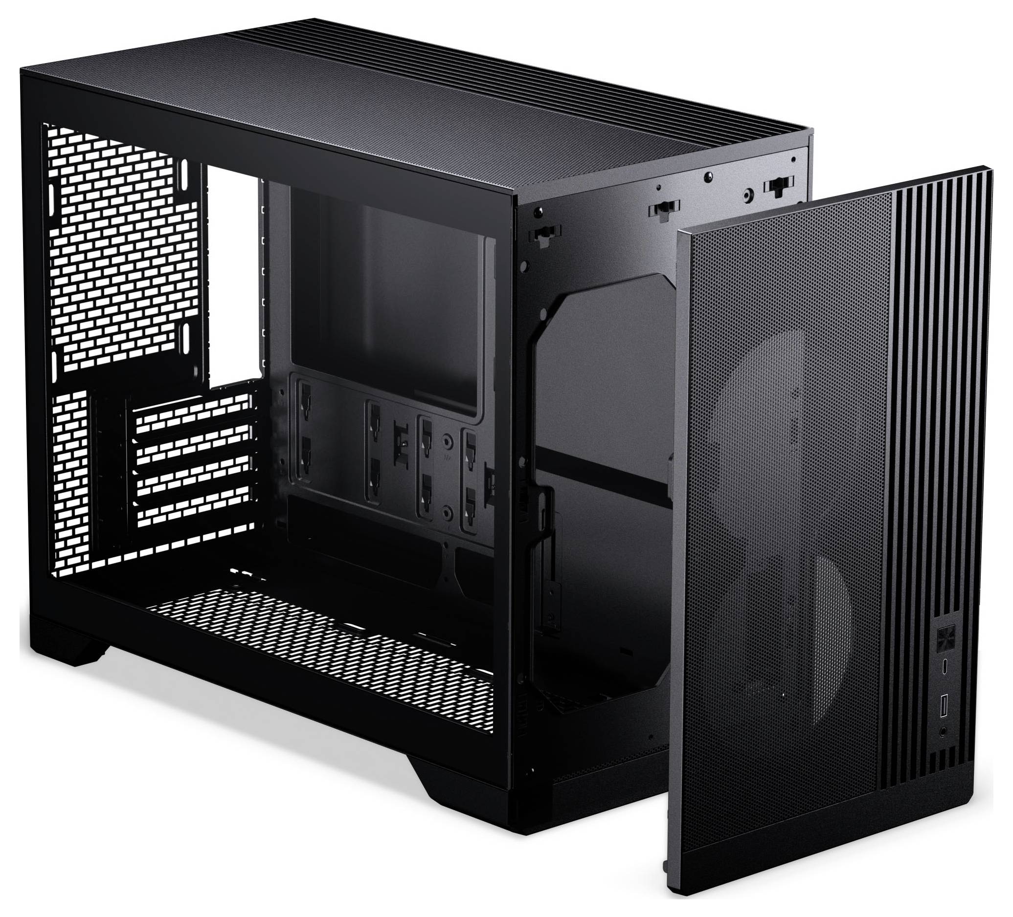 A black computer case with an open front panel, showcasing mounting slots for components, ventilation grilles, and space for two fans.