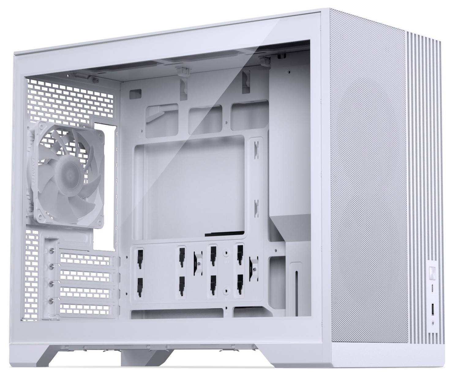 White computer case with transparent side panel, showcasing interior layout. Includes rear fan and multiple peripheral bays.