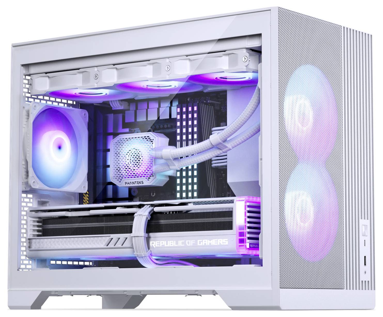 A modern desktop computer with a transparent case side showcasing colorful LED-lit components inside, including cooling fans and graphic card.