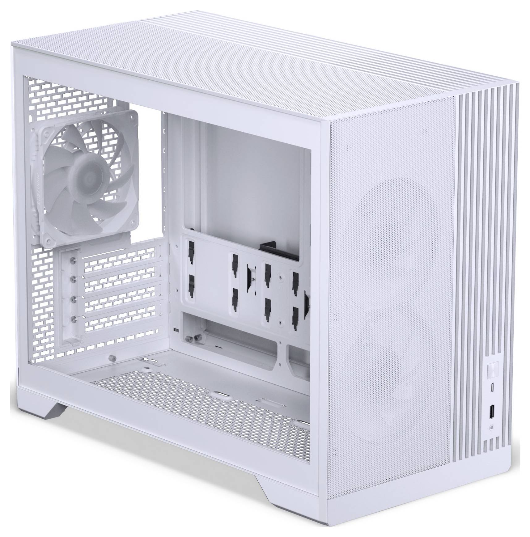 A white computer case with visible cooling fans and multiple drive bays, showcasing a minimalistic design for custom PC builds.