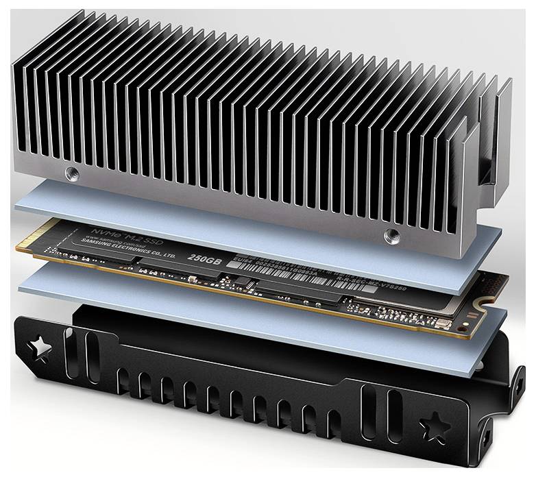 Exploded view of a solid-state drive (SSD) with components including a heat sink, thermal pads, and drive casing, showcasing internal structure.