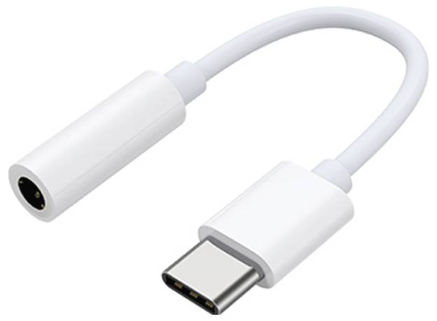 A white USB-C to 3.5mm audio adapter cable for connecting headphones to devices without a headphone jack.