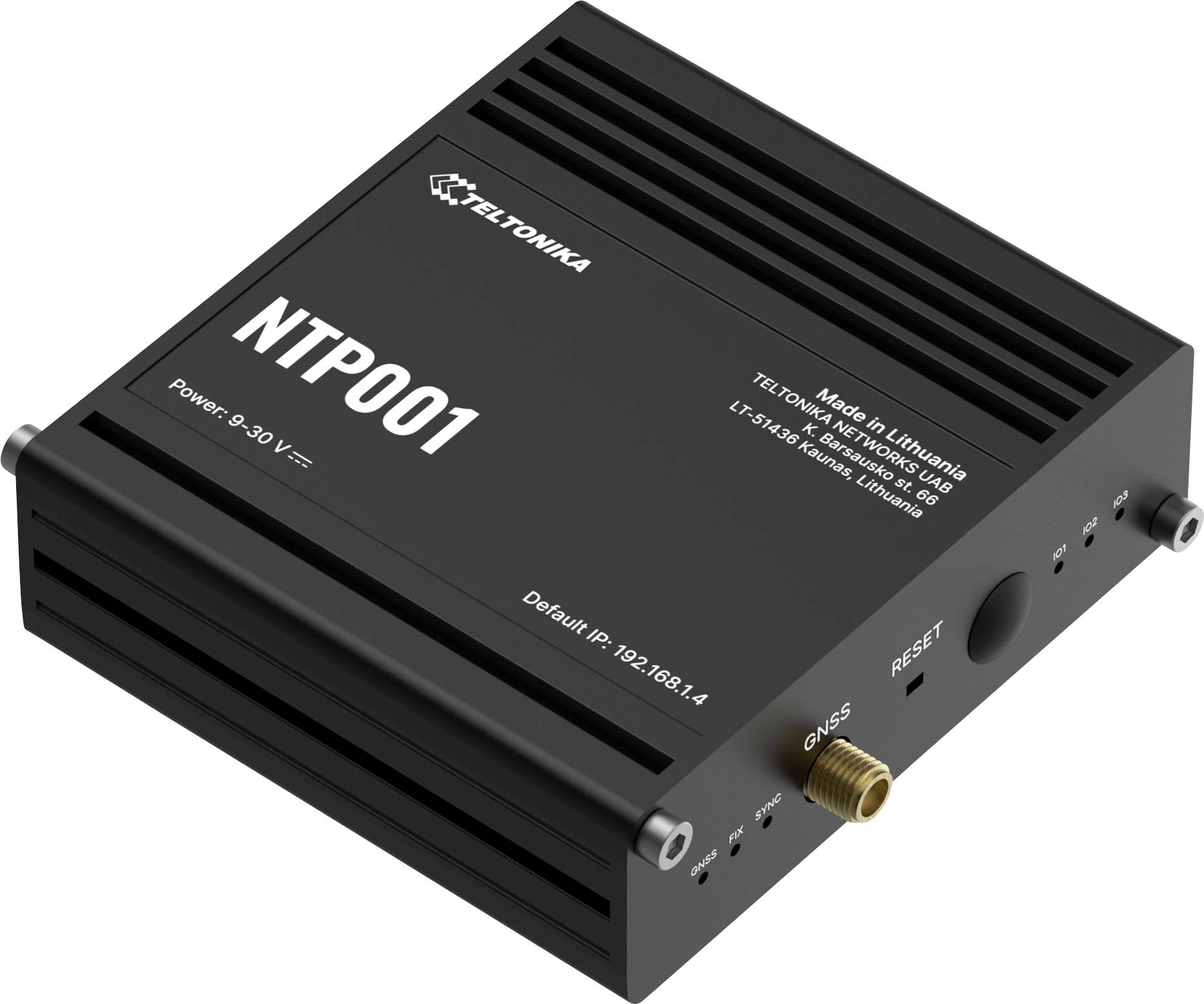'TELTONIKA NTP001' network device, displaying power supply '9-30V', default IP '192.168.1.4', made in Lithuania. Includes 'GNSS' antenna input.