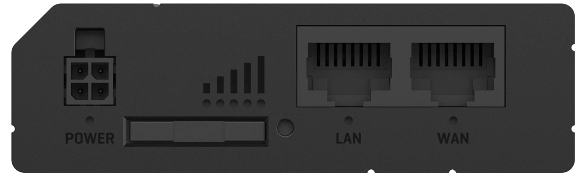 Back panel of a router displaying two Ethernet ports labeled LAN and WAN, a power input, signal strength indicator, and power switch.