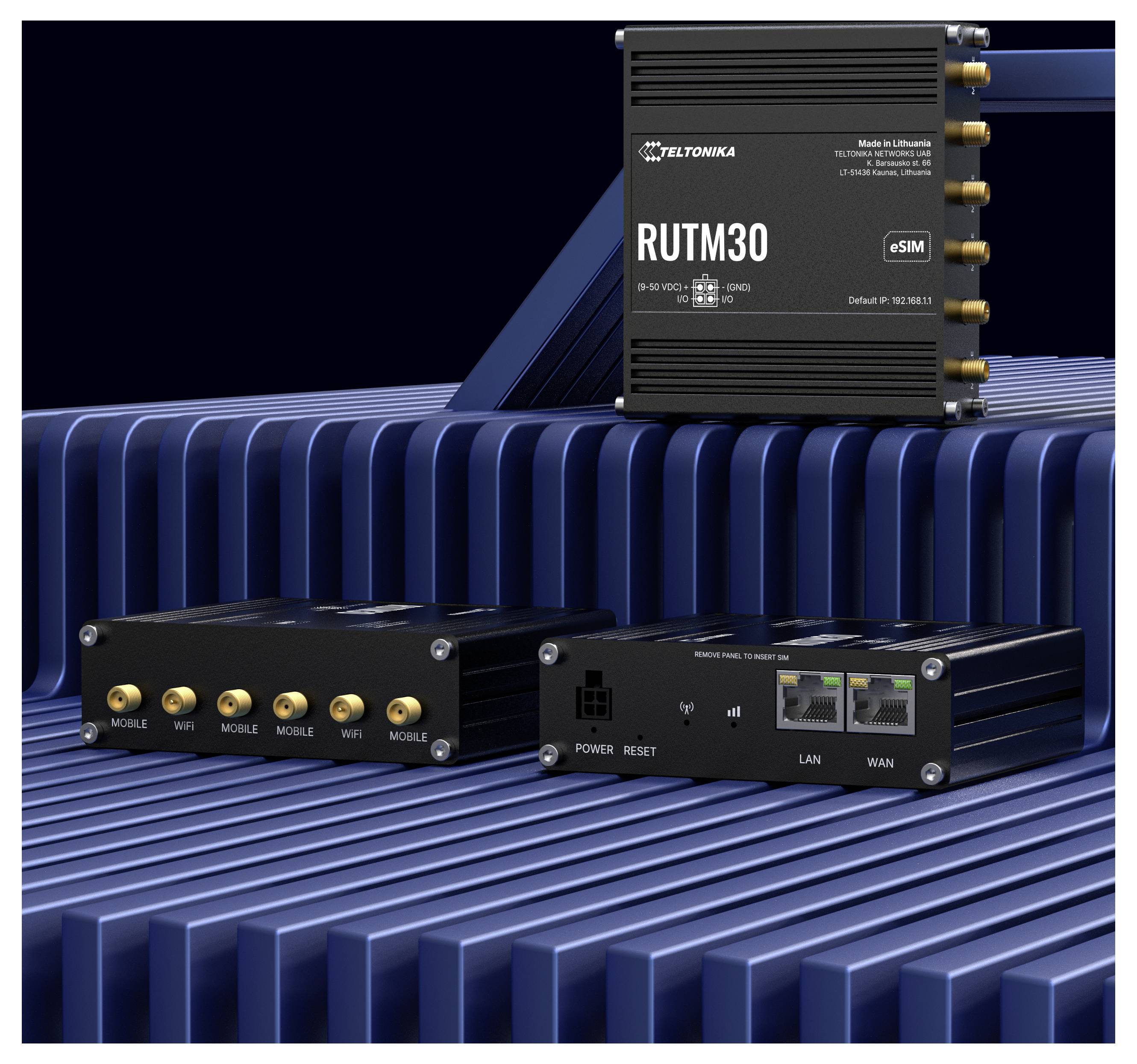 'RUTM30' industrial cellular router with multiple connections shown on a blue, ribbed surface. Display highlights ports and compact design.
