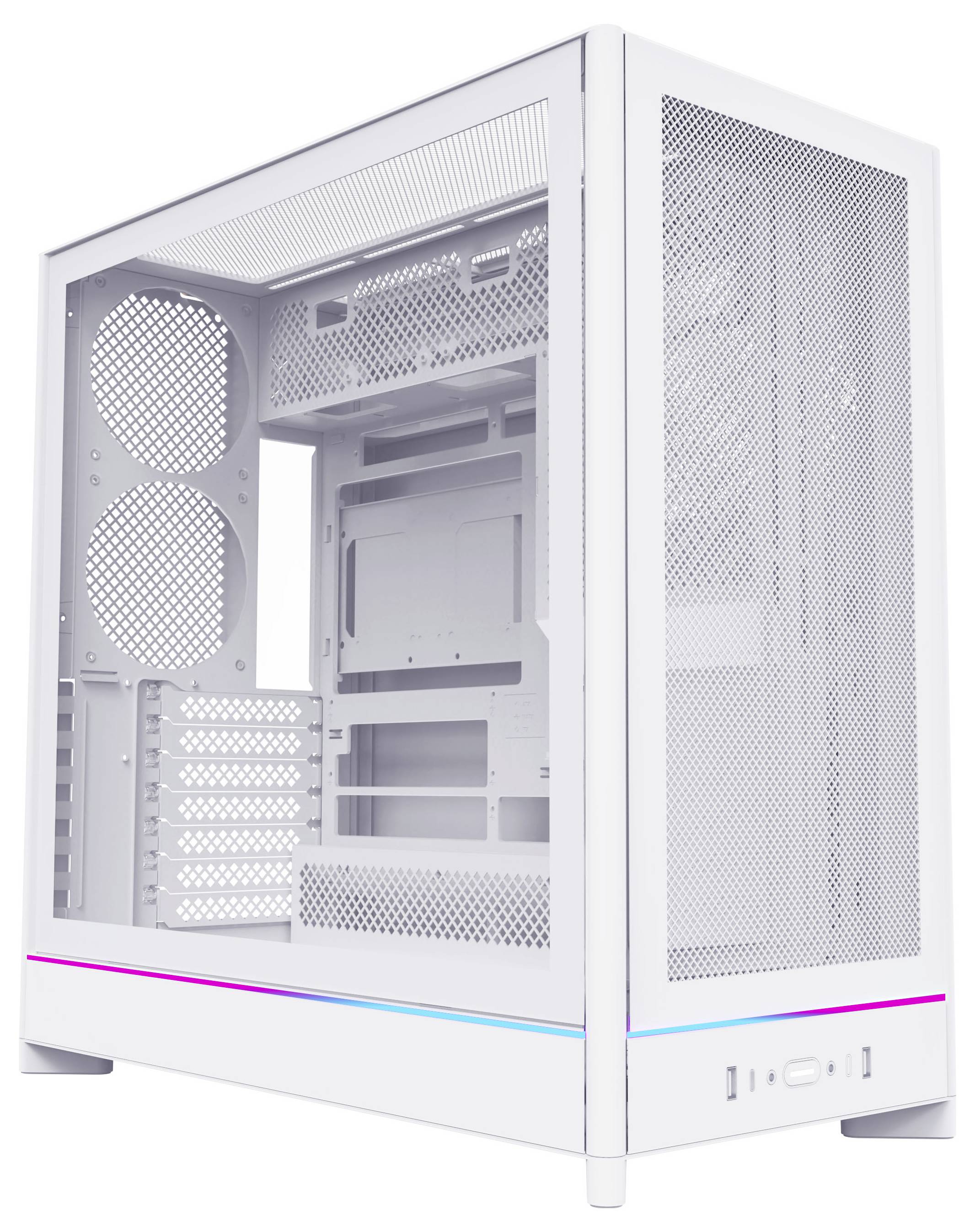 White computer case with side vents, two pre-installed rear fans, and front RGB lighting accents. The panel is designed for airflow.