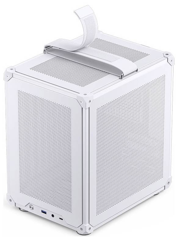 A white rectangular speaker with a mesh design and silver handle on top, featuring ports at the bottom front for connectivity.