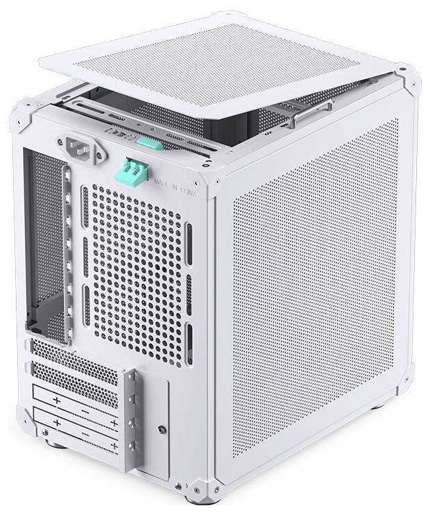A gray, open computer tower case with triangular mesh design, showing rear panel slots and a removable top cover, positioned on a white background.