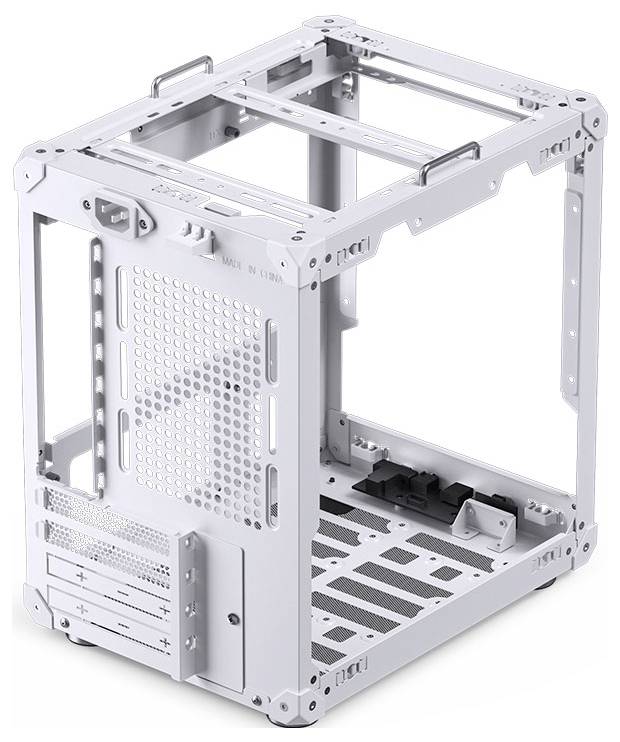 A metal computer case frame in white, featuring an open design with perforated panels, mounting slots, and structural beams for hardware assembly.