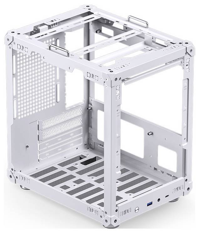 A white, open-frame computer case with visible slots for components, multiple vented panels, and ports at the bottom front edge.