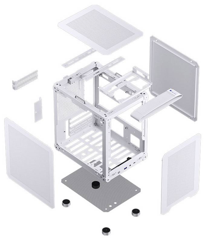 Exploded view of a white computer tower case showing individual parts: panels, frame, screws, and dust filters arranged around the central frame.