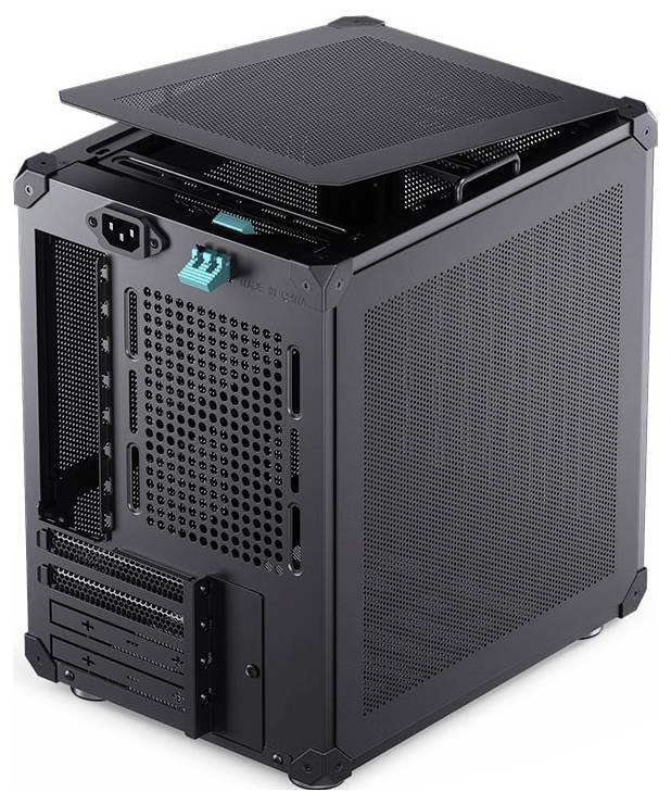 A black metal computer case with a perforated design for ventilation. The side panel is removed, and the top panel is open, revealing an exposed interior space.