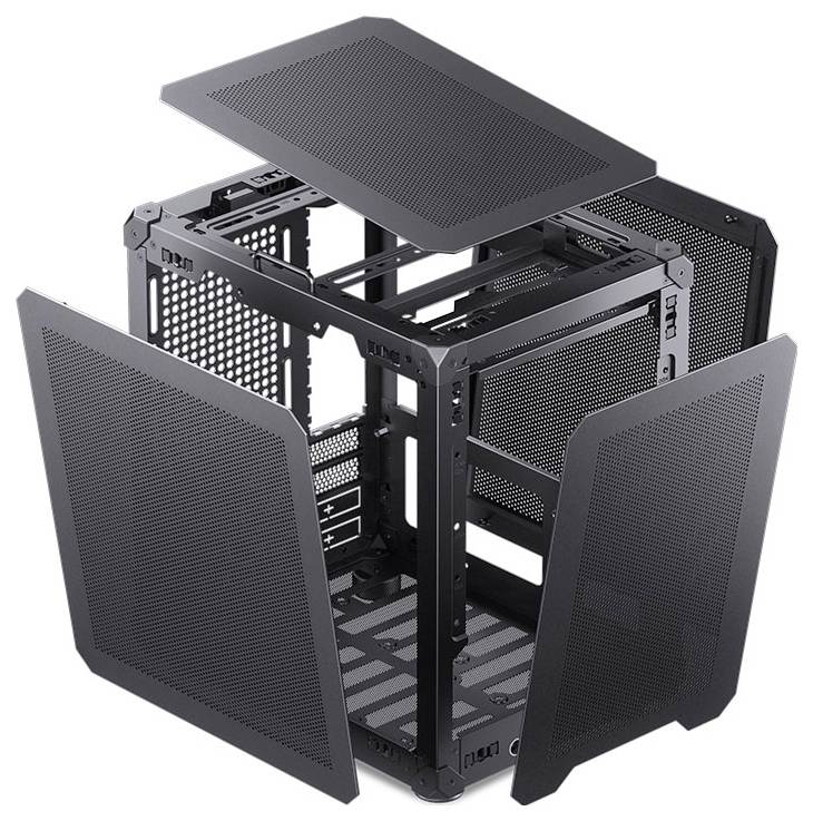 An exploded view of a cube-shaped metal computer case showing removable mesh panels and an open-air frame for ventilation and component access.