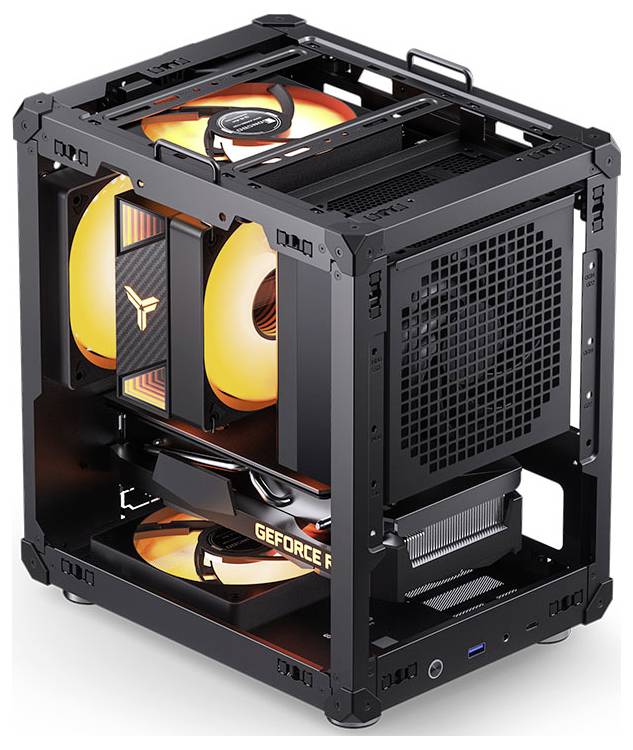 A compact open-frame custom PC case featuring glowing orange LED fans and visible graphics card and cooling components, emphasizing a gaming setup.