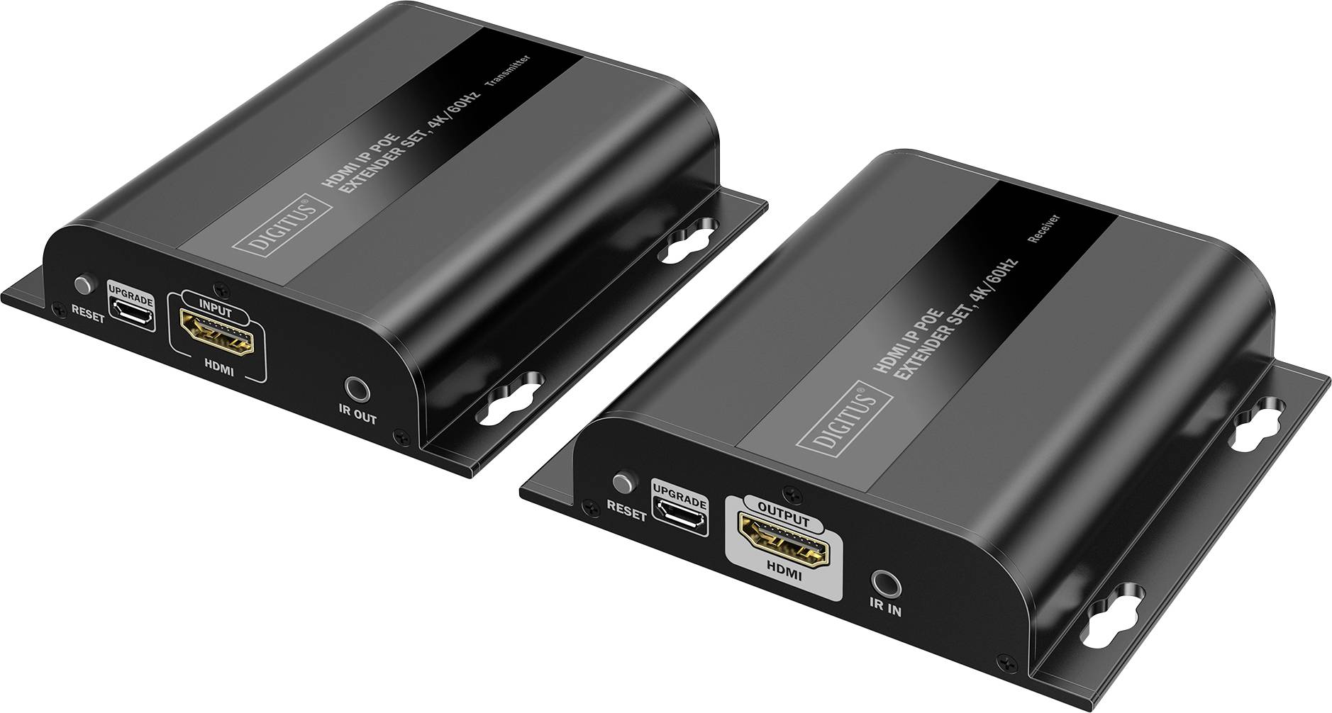 Two black HDMI extender devices. Each has ports labeled 'HDMI Out' and 'HDMI In' along with USB and power ports. Used for extending video signals.