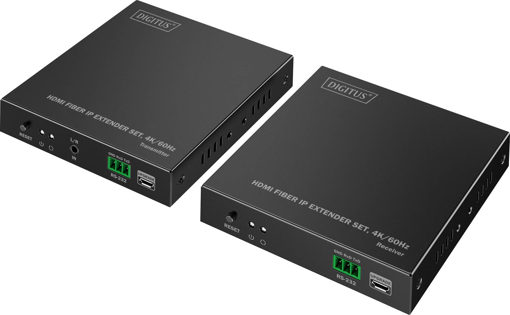 'Two black HDMI Fiber IP Extender Set devices labeled 