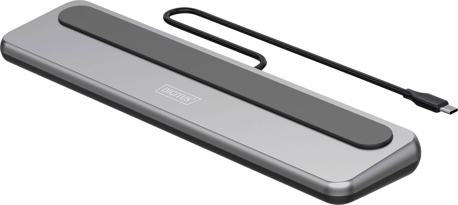 A gray USB-C docking station with a black base, featuring multiple ports for connectivity. The device is sleek and modern in design.