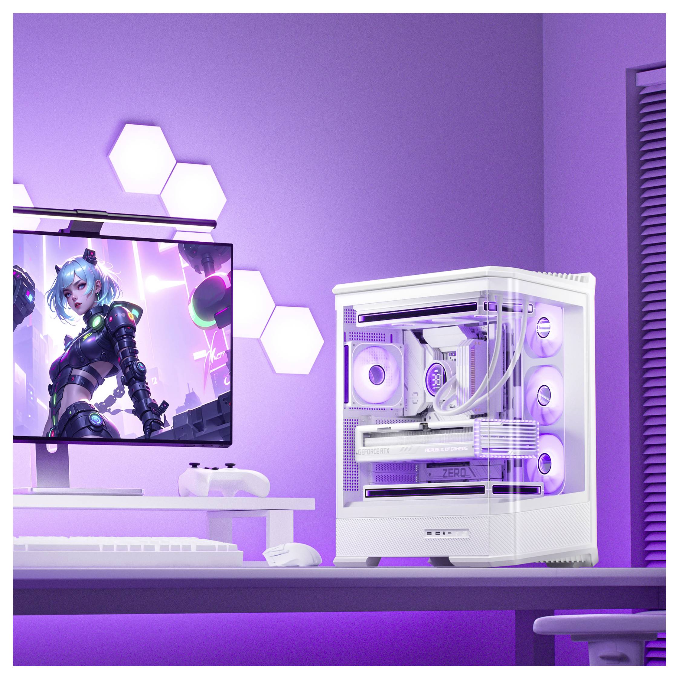A white PC setup with LED lights features a monitor displaying a futuristic character, a PC tower with RGB fans, and a sleek, illuminated keyboard.